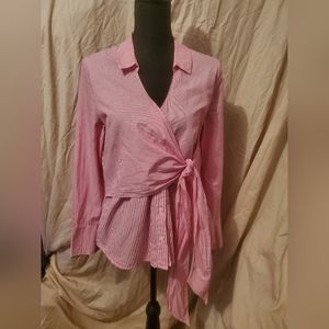 Who What Wear striped long sleeve blouse button up with Decorative tie at side